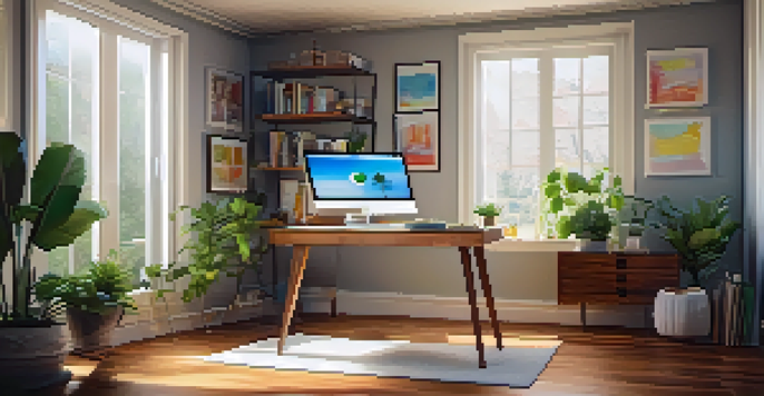 A well-decorated home office with a desk, laptop, plants, and a window allowing natural light in.
