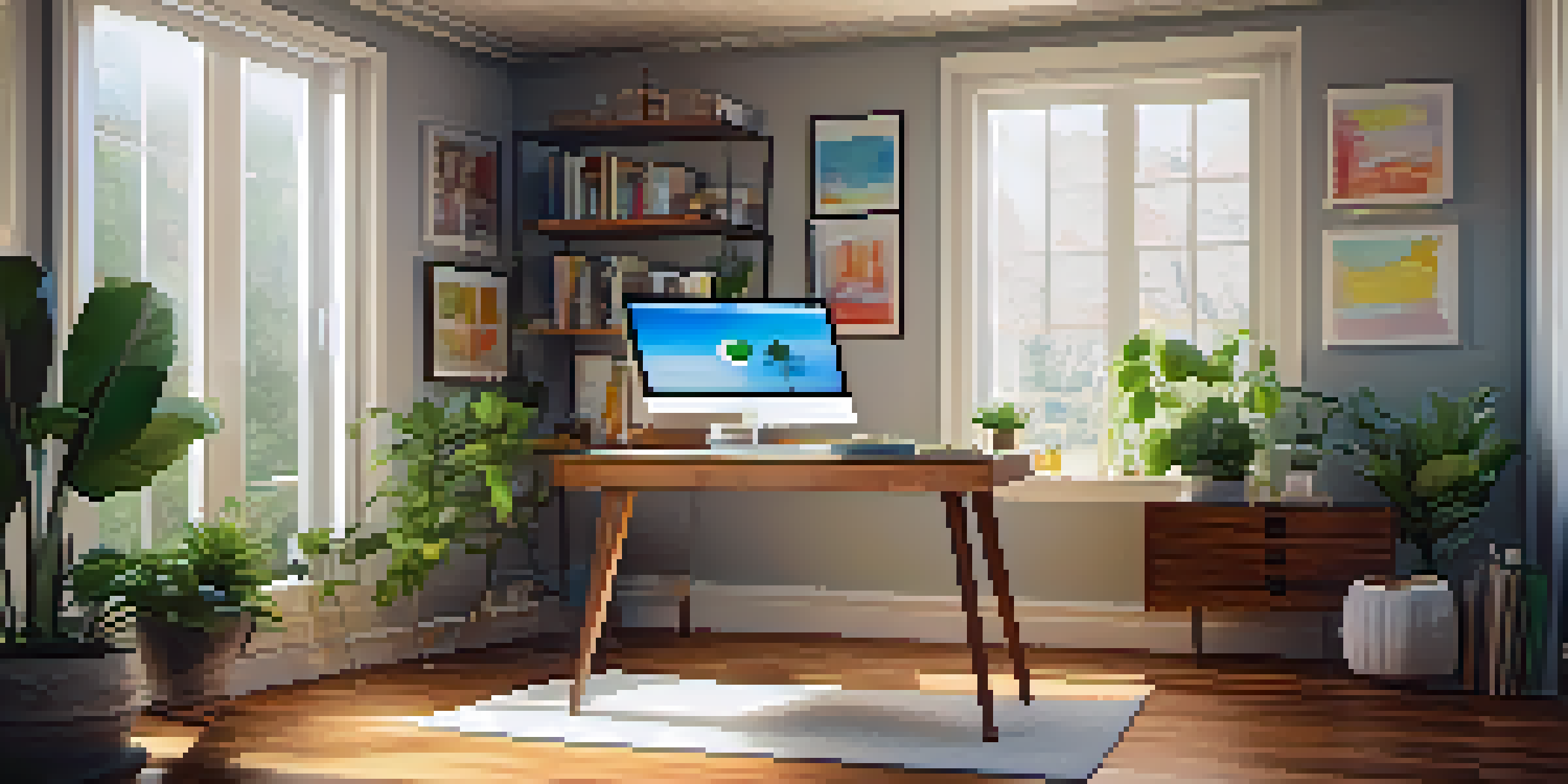 A well-decorated home office with a desk, laptop, plants, and a window allowing natural light in.