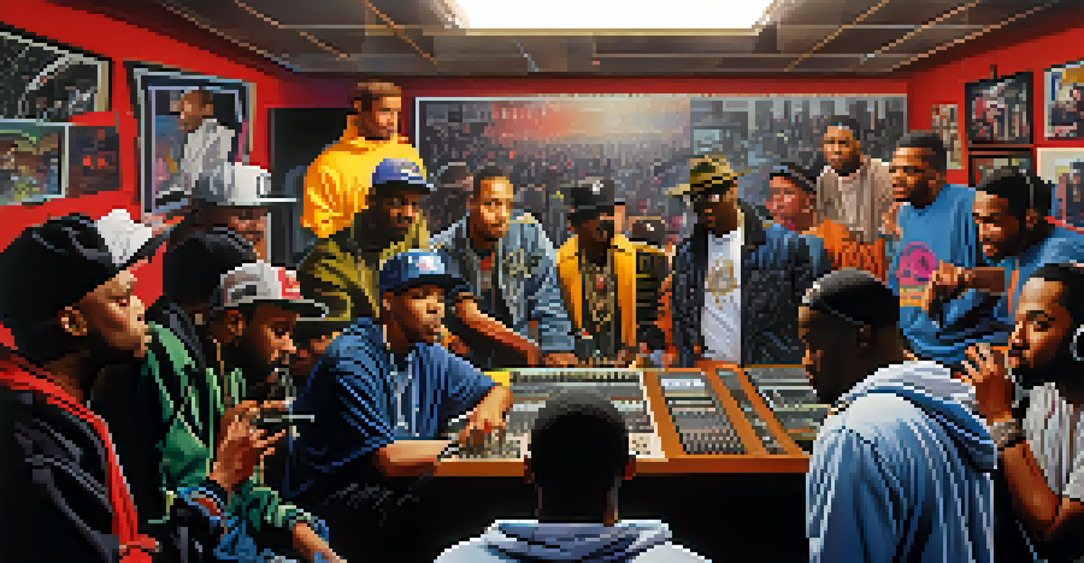 A group of hip-hop artists in a studio working together on a track, surrounded by recording equipment and colorful lighting.