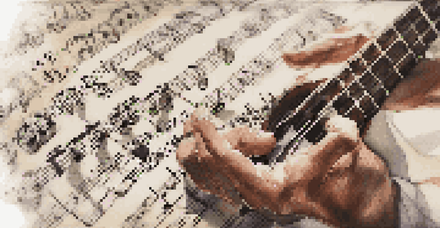 A close-up of a musician's hands playing a guitar, with sheet music in the foreground and a blurred background.