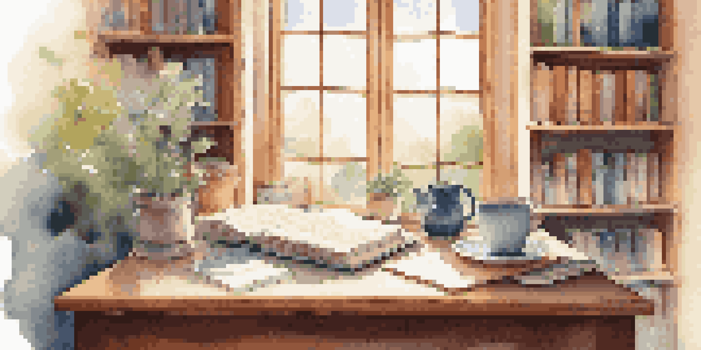 A cozy study scene with a wooden desk, an open notebook, a steaming cup of tea, and headphones, illuminated by soft natural light from a window, with a shelf of colorful books in the background.
