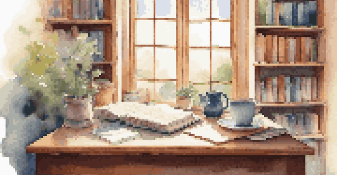 A cozy study scene with a wooden desk, an open notebook, a steaming cup of tea, and headphones, illuminated by soft natural light from a window, with a shelf of colorful books in the background.