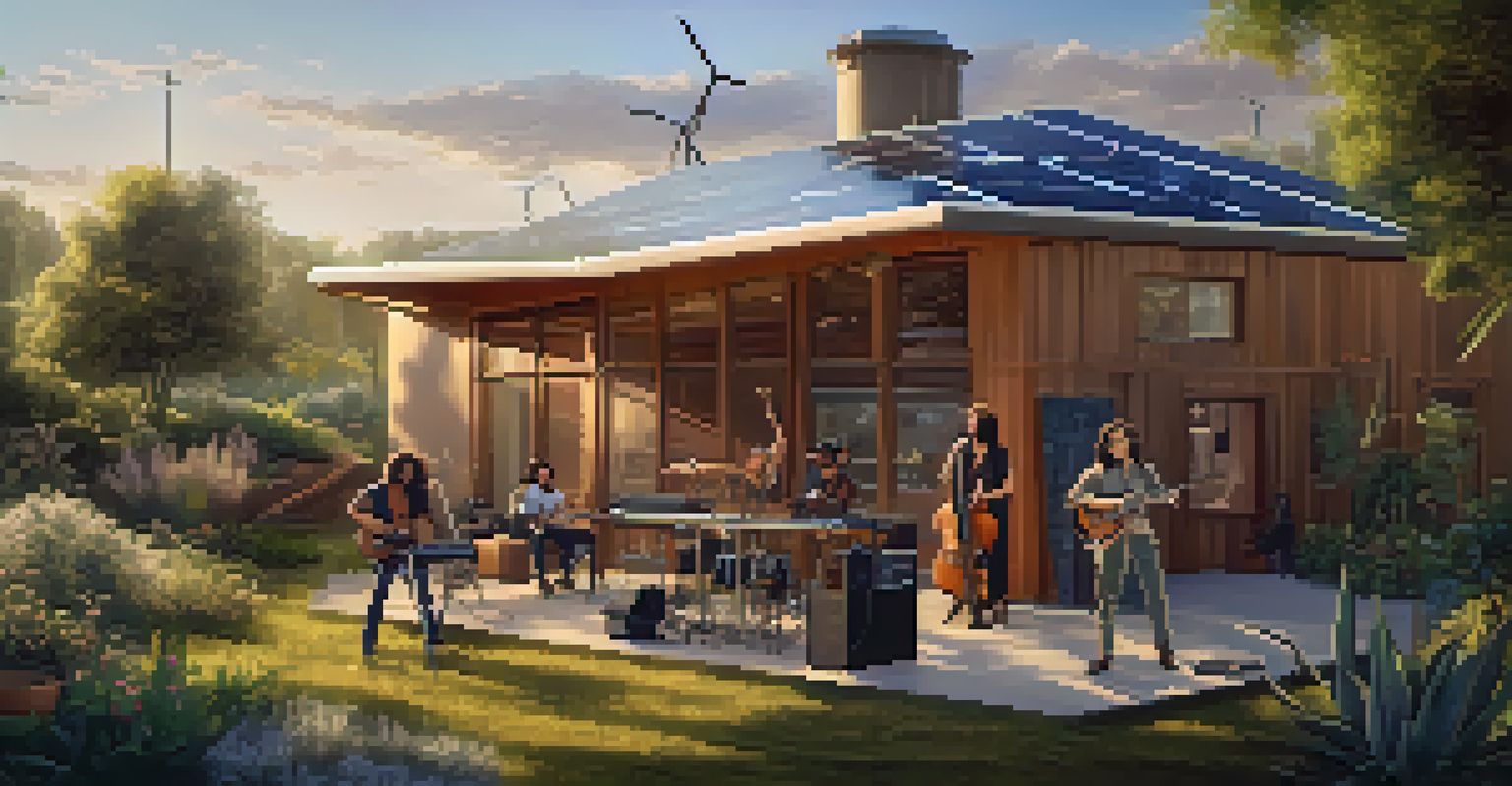 A recording studio powered by renewable energy, with musicians collaborating and eco-friendly materials surrounding them.