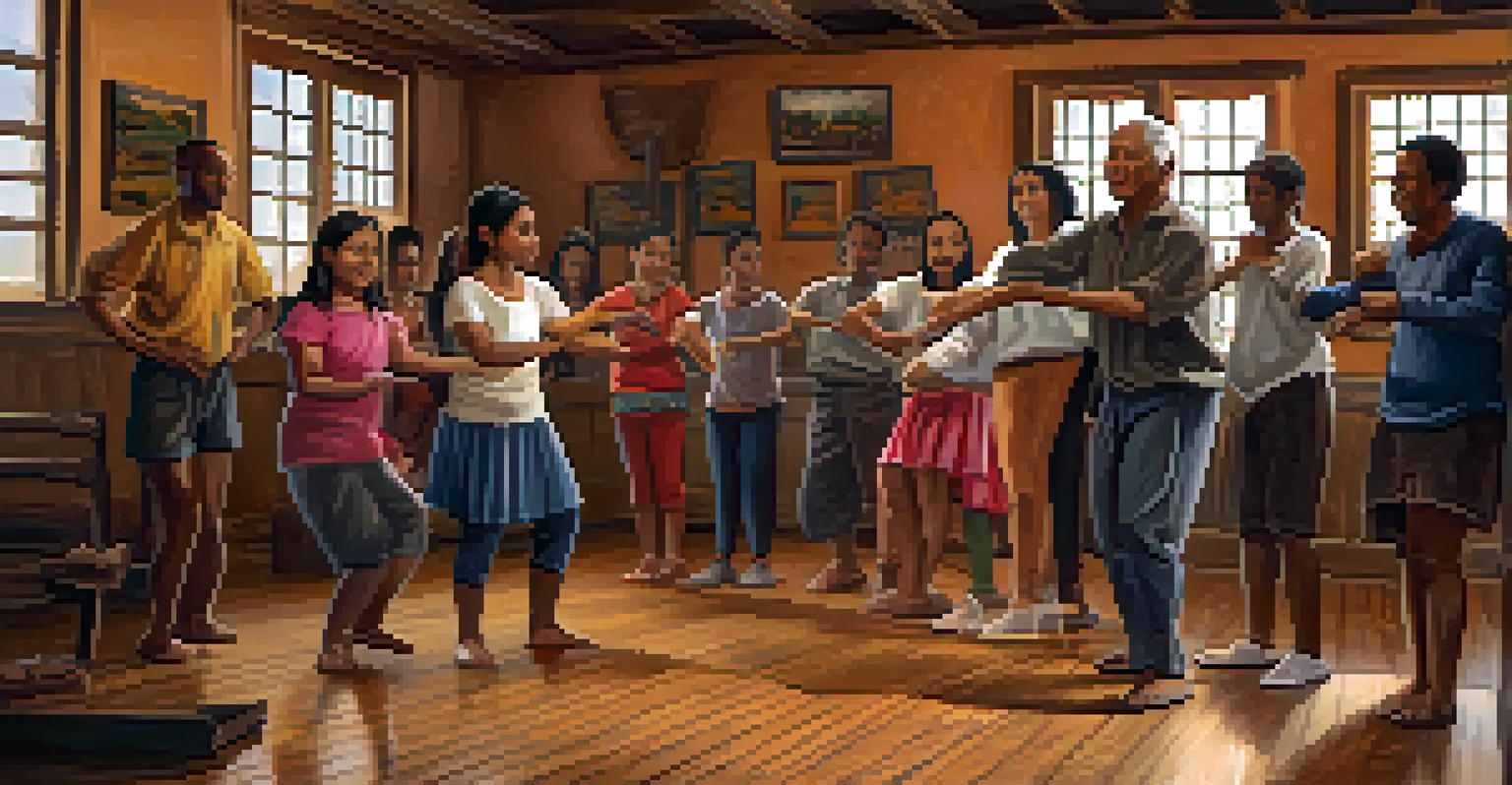 A community workshop with young adults learning traditional dance from an elder instructor in a cozy environment.