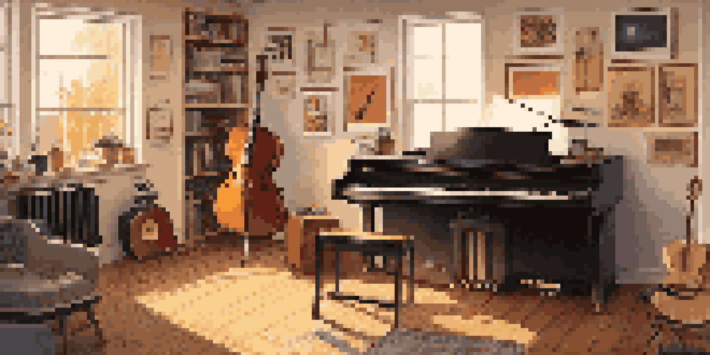 A bright home music studio with various instruments and warm sunlight coming through the window.