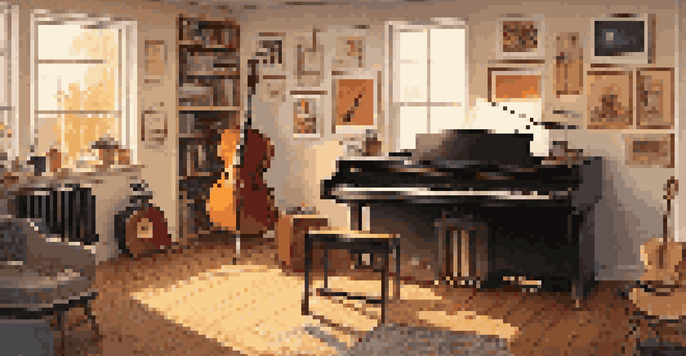 A bright home music studio with various instruments and warm sunlight coming through the window.