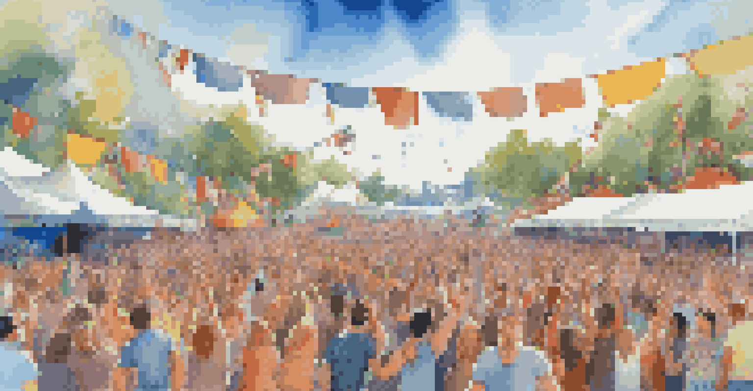 A lively music festival with a crowd enjoying a band performance, surrounded by colorful decorations and a bright blue sky.