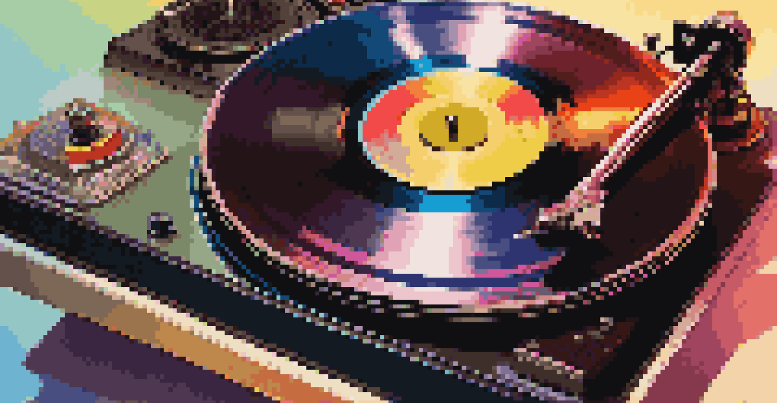 A close-up of a spinning vinyl record on a turntable, with colorful album art in the background.