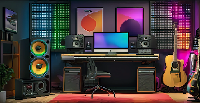 A modern home studio with a computer and various musical instruments, brightly lit.