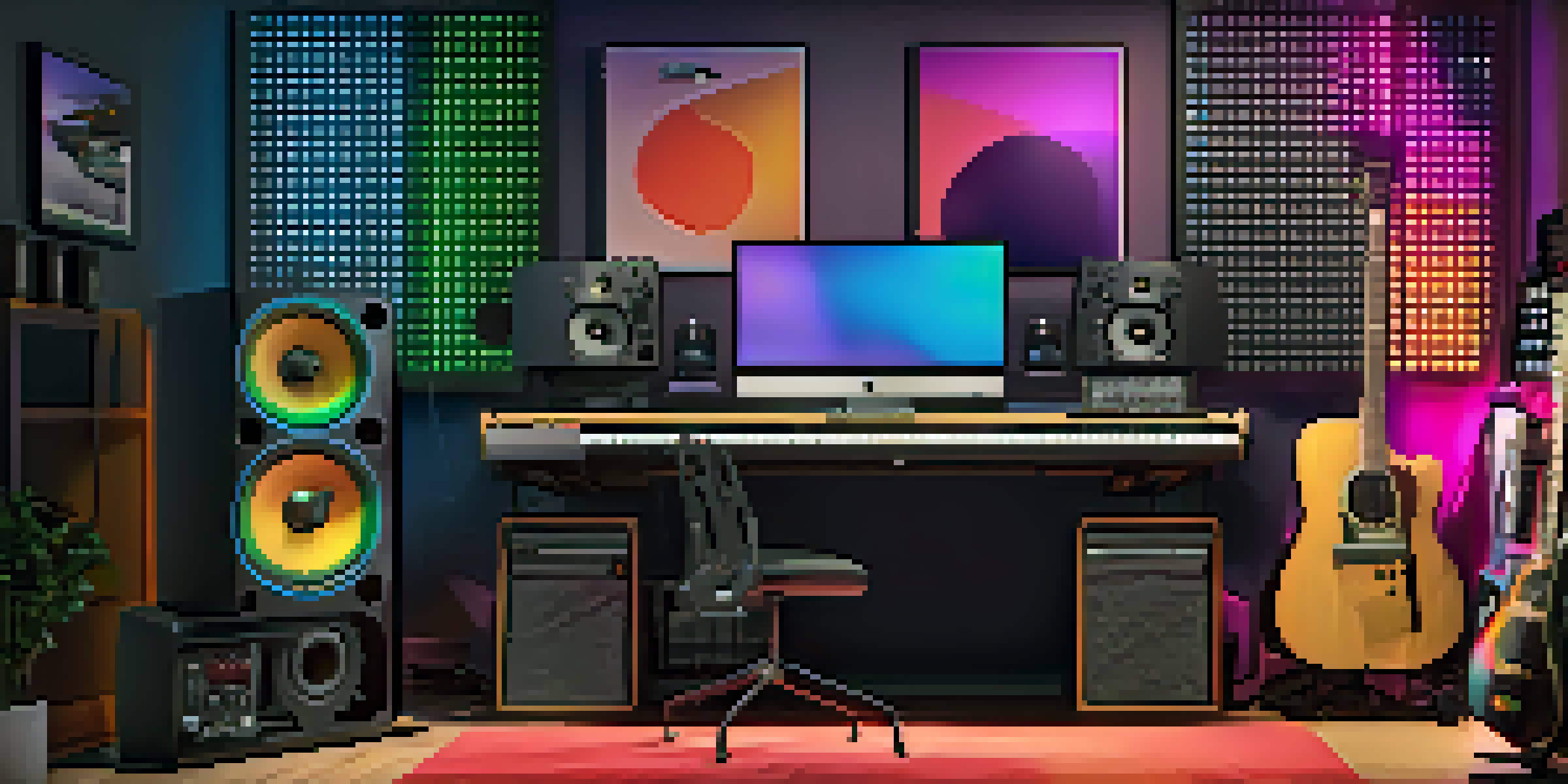 A modern home studio with a computer and various musical instruments, brightly lit.