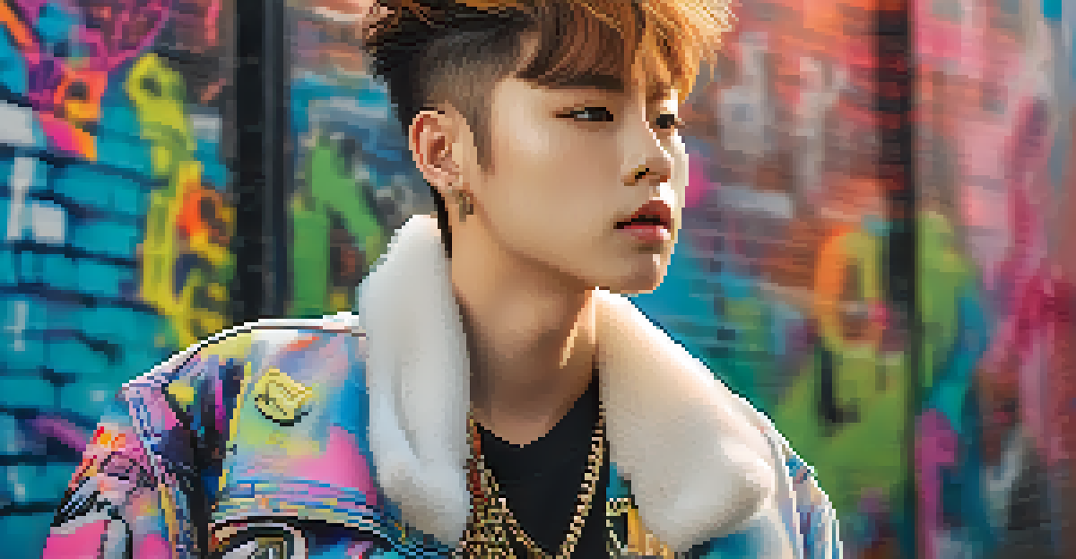 A K-Pop idol posing in an urban setting with a stylish outfit and vibrant graffiti in the background.