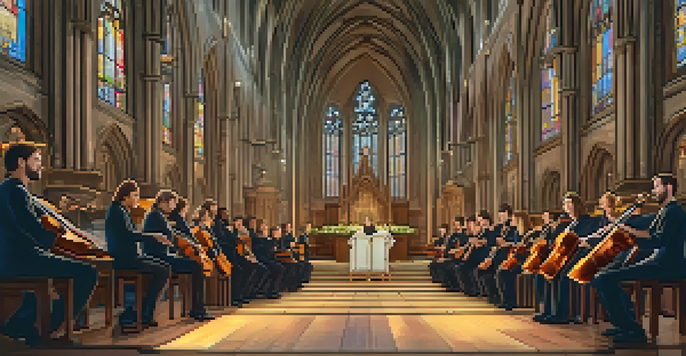 A choir of diverse singers performing in a cathedral, illuminated by stained glass windows, with sheet music and intricate architecture around them.
