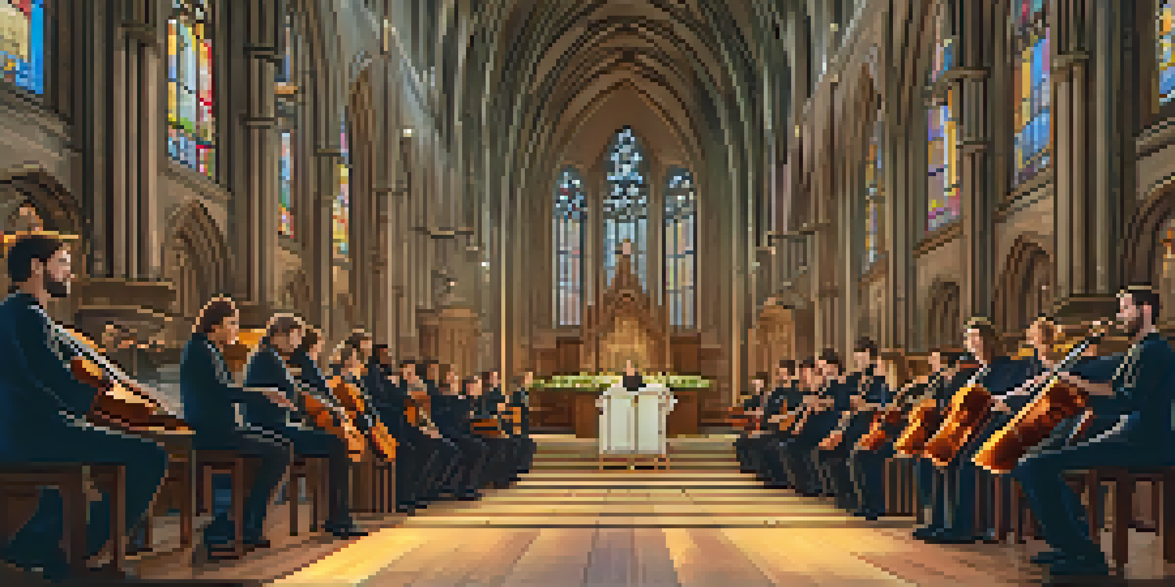 A choir of diverse singers performing in a cathedral, illuminated by stained glass windows, with sheet music and intricate architecture around them.