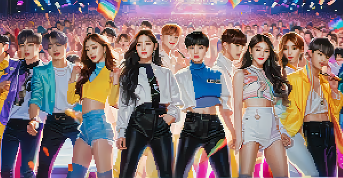 A lively K-Pop concert with idols performing on stage surrounded by colorful lights and a cheering crowd.