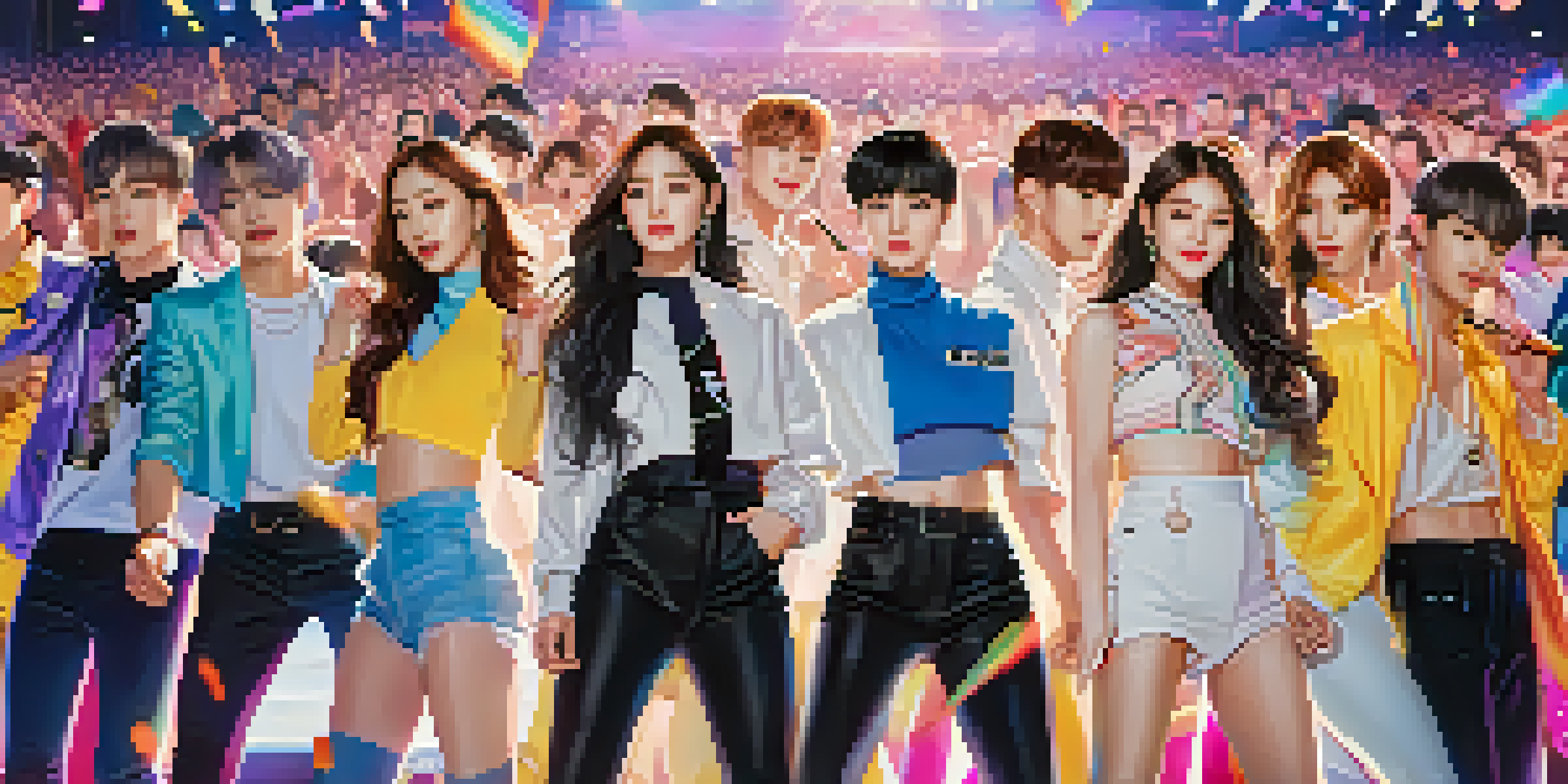 A lively K-Pop concert with idols performing on stage surrounded by colorful lights and a cheering crowd.