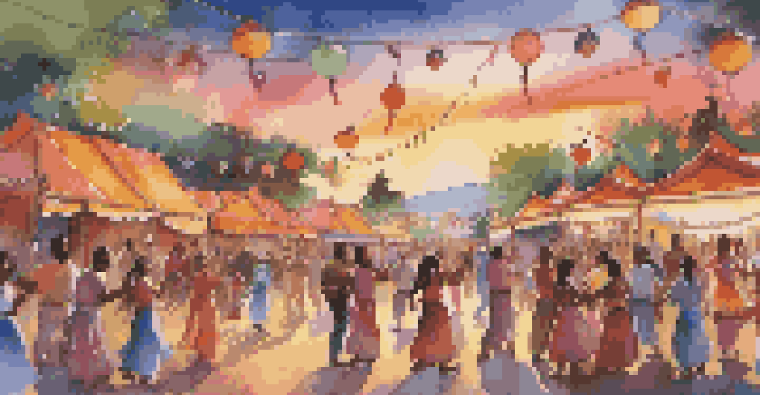 A cultural festival with people dancing to live music, colorful decorations, and a sunset in the background.
