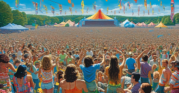 A colorful scene of diverse people dancing at Woodstock 1969, with musicians performing on stage in the background and bright skies above.