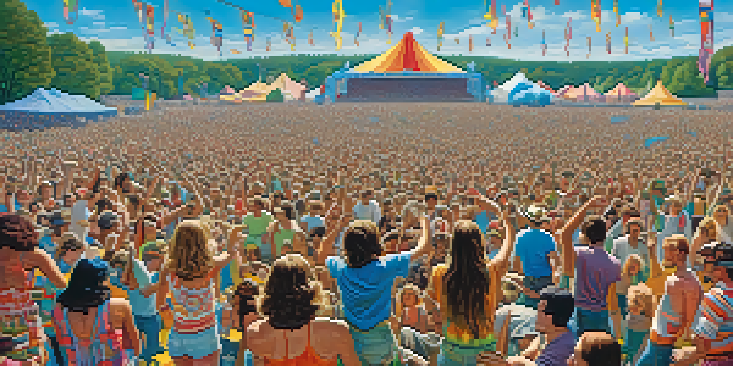 A colorful scene of diverse people dancing at Woodstock 1969, with musicians performing on stage in the background and bright skies above.