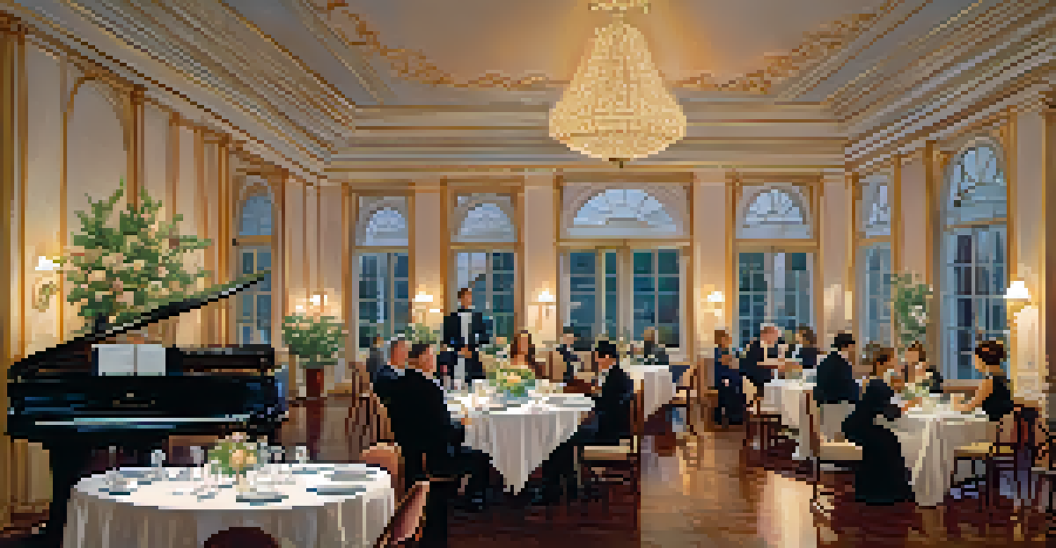 A fine dining restaurant with elegantly set tables, candlelight, and a musician playing piano.