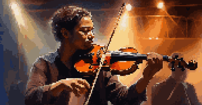 A musician playing the violin on stage with warm lights and a captivated audience.