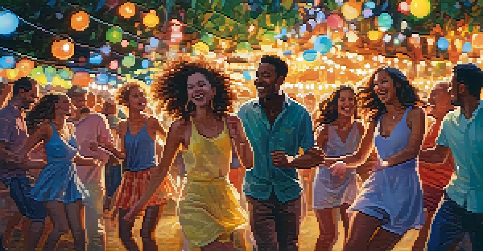 A group of friends dancing joyfully at an outdoor party, surrounded by colorful lights and music notes in the air.