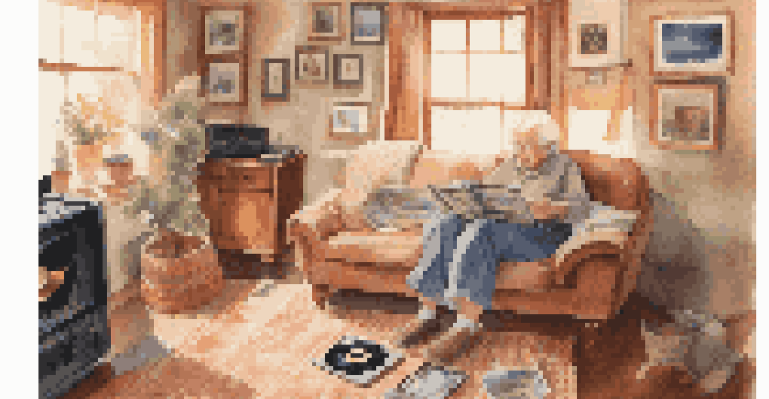 An elderly person enjoying music from a record player in a warm living room filled with family photos and a cozy blanket.