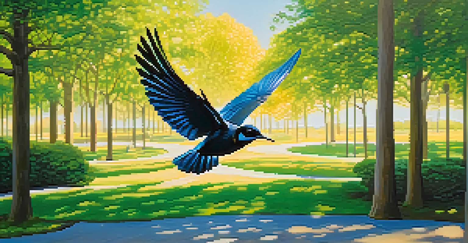 A bird flying through a park, with concentric circles representing sound waves around it, changing colors as it approaches and recedes, surrounded by trees and a blue sky.