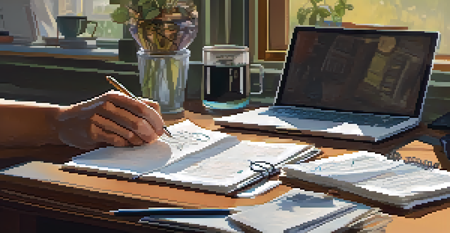 A close-up of hands holding a notebook filled with presentation notes, with a warm, inviting desk background.
