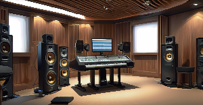 A music studio featuring an audio mixing console, acoustic panels, and warm lighting, creating a cozy atmosphere for music production.