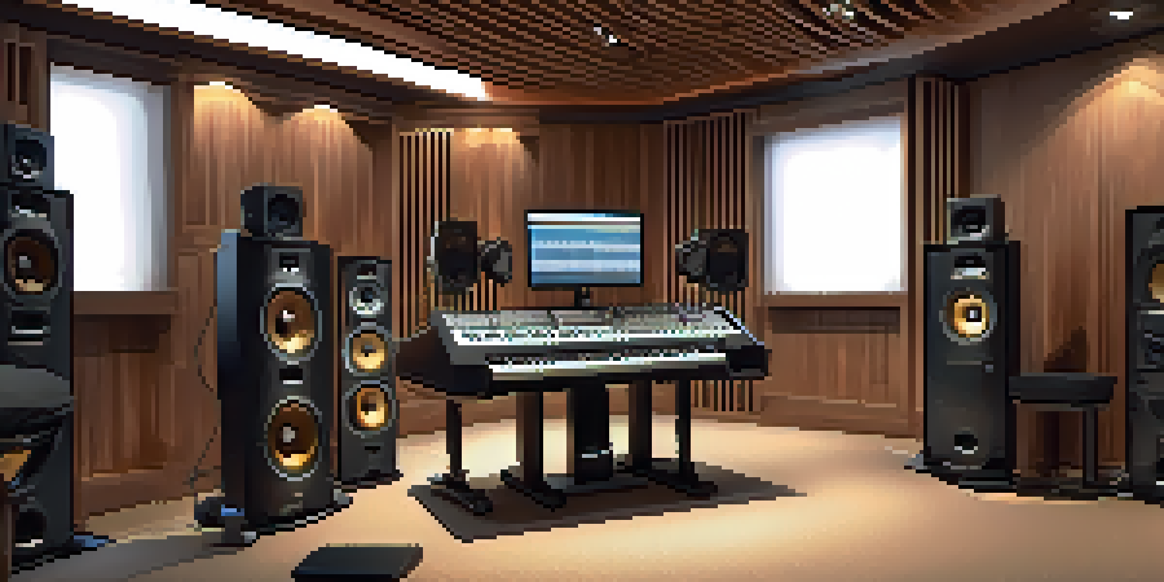 A music studio featuring an audio mixing console, acoustic panels, and warm lighting, creating a cozy atmosphere for music production.