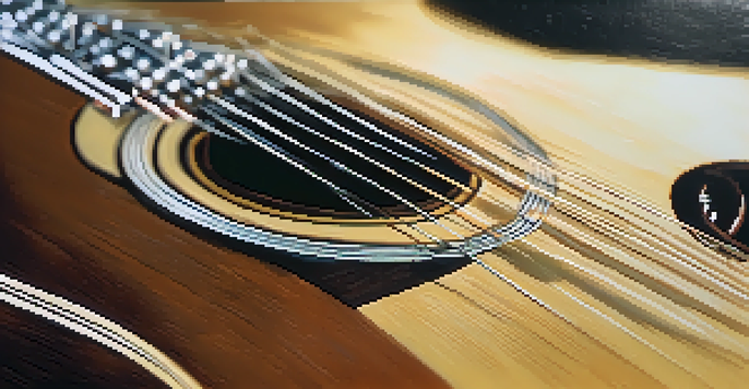 A close-up of a wooden guitar with vibrating strings, illuminated by soft light.