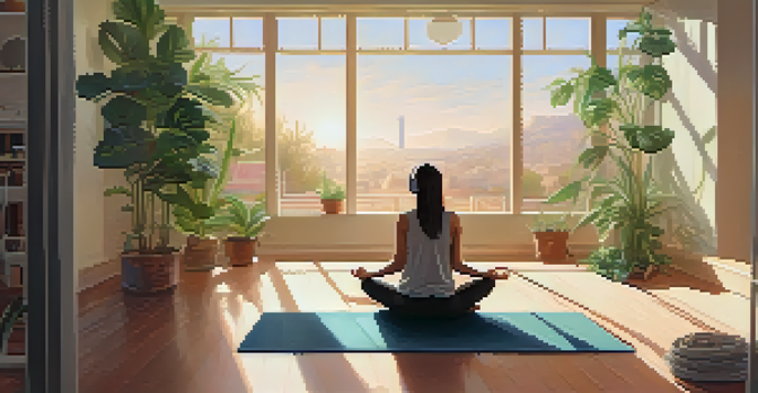 A person meditating in a peaceful room with plants and soft lighting, wearing headphones and enjoying calming music.