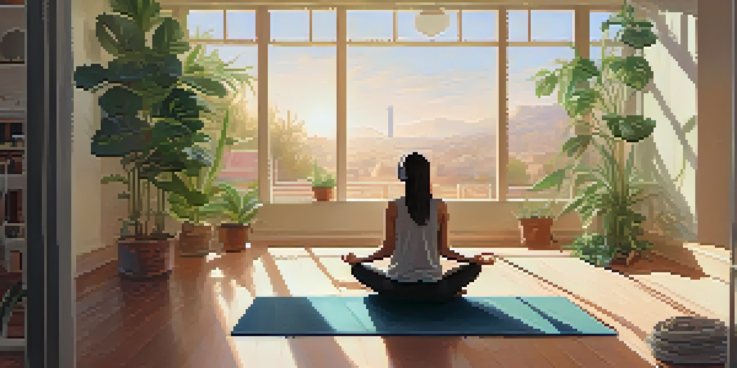A person meditating in a peaceful room with plants and soft lighting, wearing headphones and enjoying calming music.