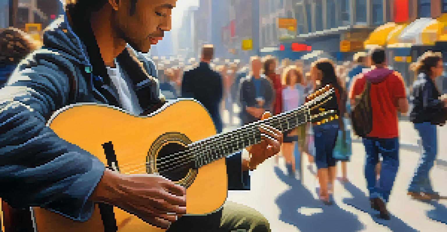 Close-up of a musician playing an acoustic guitar on a busy city street, surrounded by a blurred crowd of passersby and urban buildings in the background.