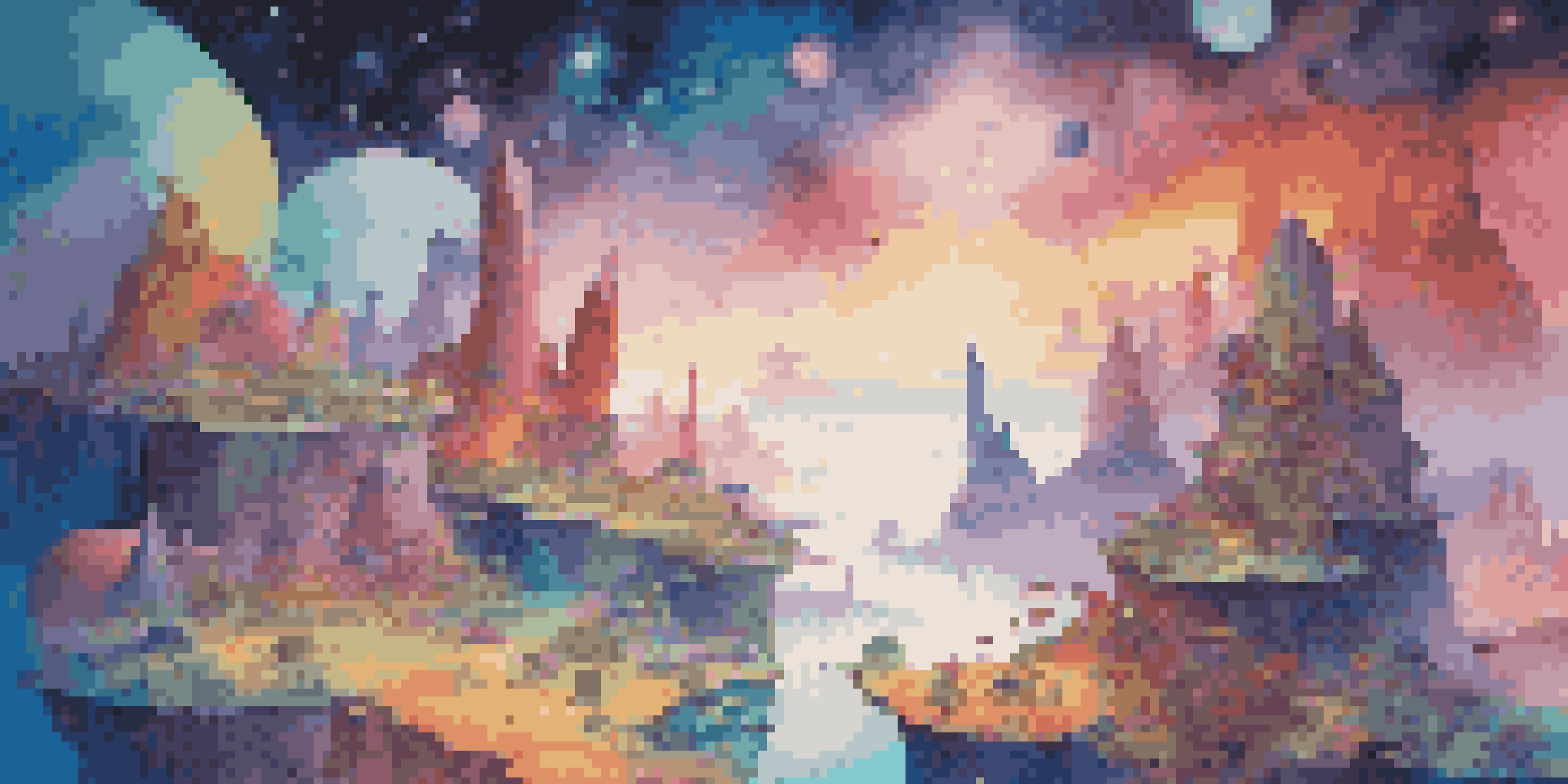 A colorful virtual reality landscape with abstract shapes and floating islands, featuring a person in VR gear exploring the scene.