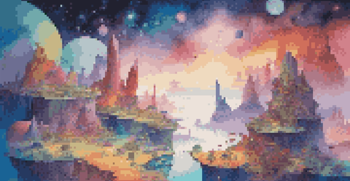 A colorful virtual reality landscape with abstract shapes and floating islands, featuring a person in VR gear exploring the scene.