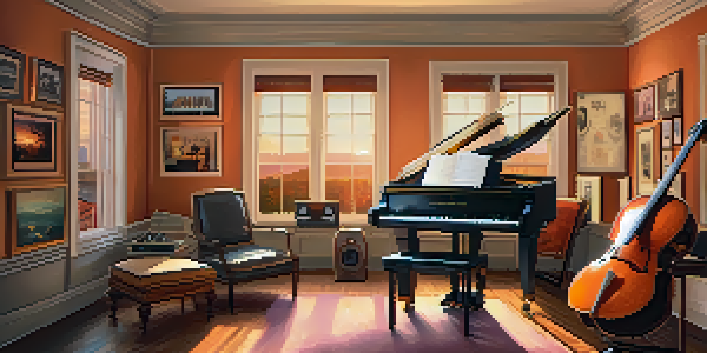A cozy music studio with vintage instruments, warm lighting, and sunset views.