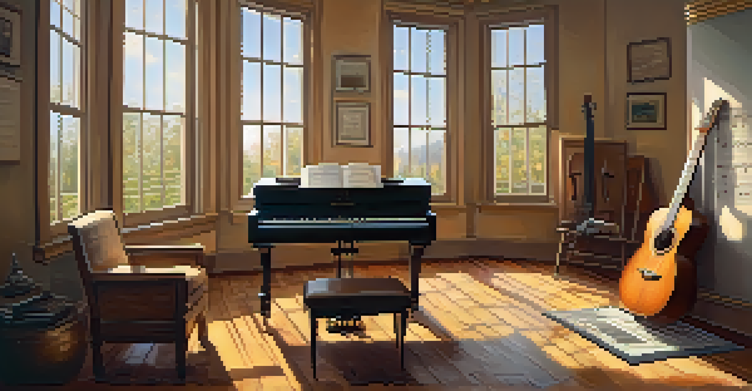 A cozy room with various musical instruments, natural light coming through a window, and sheet music scattered around, creating an inspiring atmosphere.