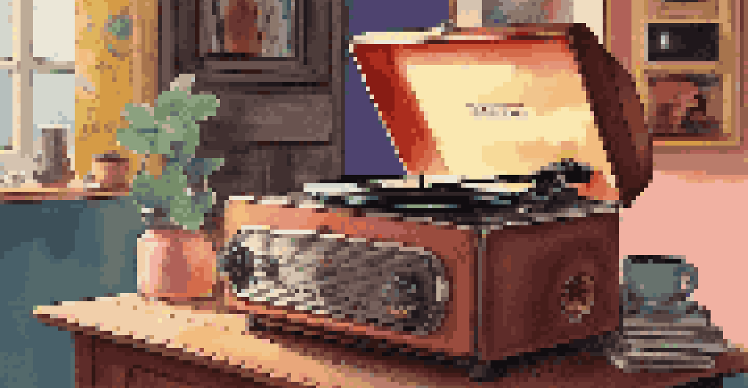 A vintage record player with a personalized music playlist, surrounded by colorful vinyl records, a cup of tea, and cozy blankets in a relaxing setting.