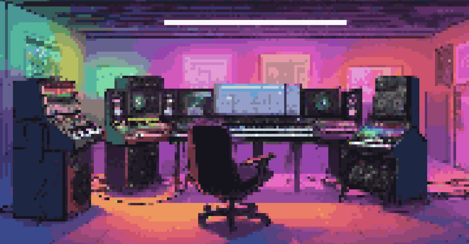 A colorful and modern electric music production setup with synthesizers, drum machines, and a digital audio workstation.