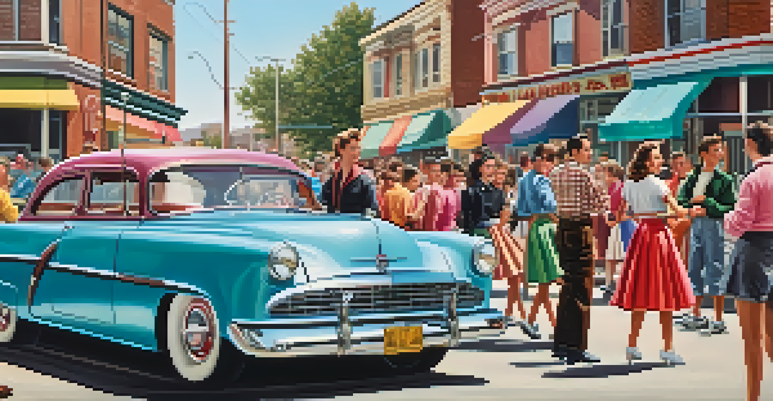 A group of teenagers in 1950s attire gathered around a car, enjoying music in a lively street scene with colorful storefronts.