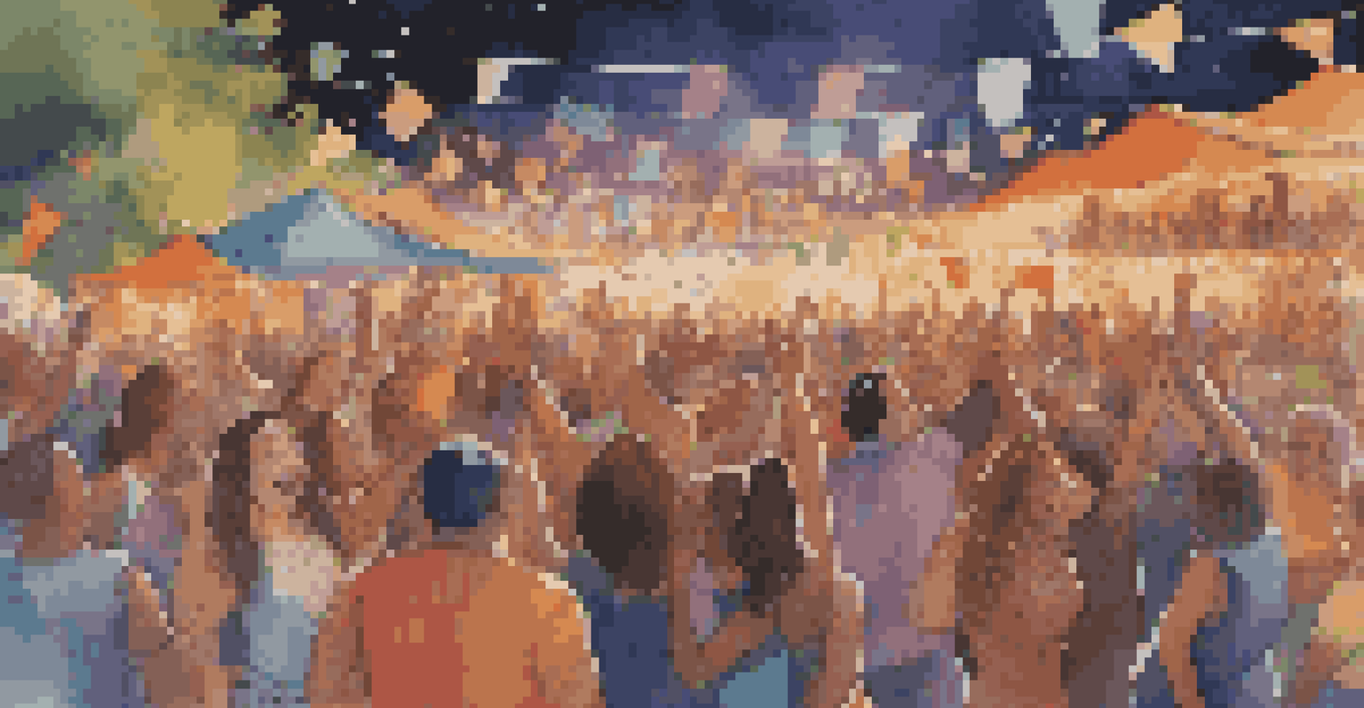 A vibrant outdoor music festival with a crowd dancing and enjoying a live band under colorful lights.