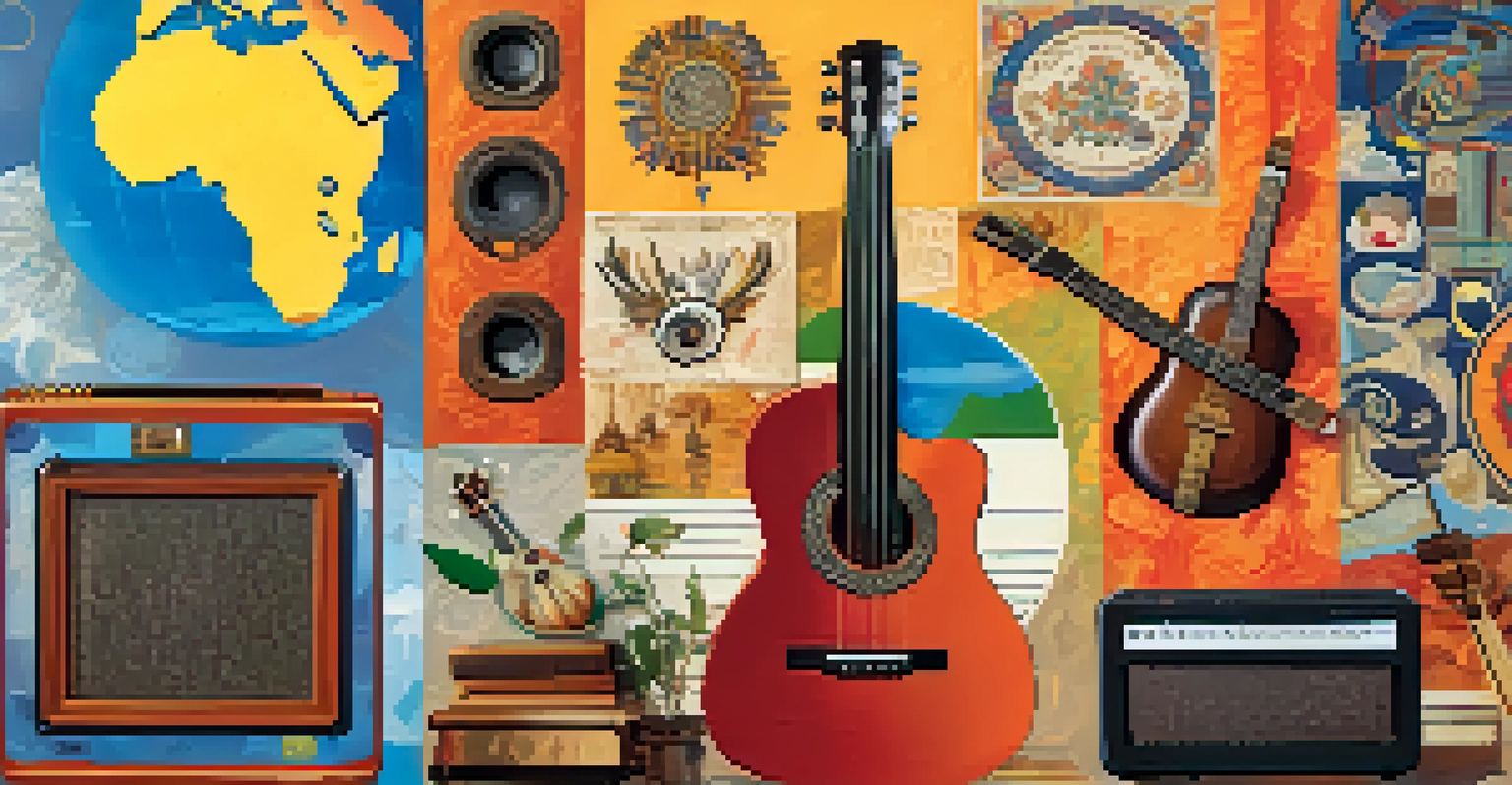 A vibrant digital collage showcasing the global influence of music with cultural symbols and instruments against a world map.