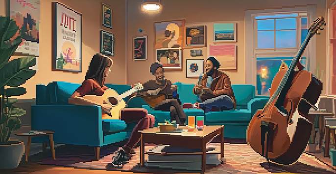 A cozy living room where friends are enjoying a live music streaming event with a musician playing guitar, surrounded by warm lighting and colorful posters.