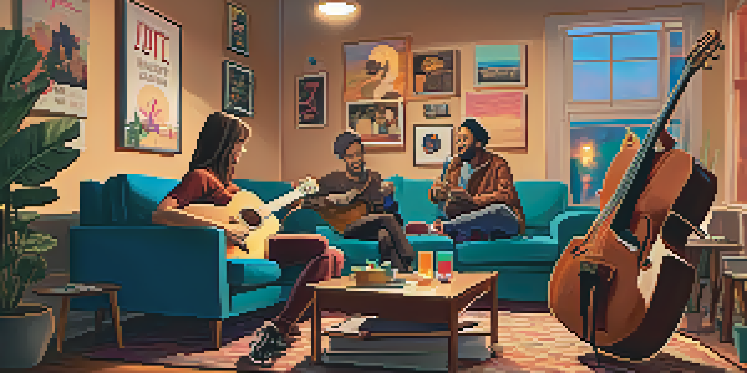 A cozy living room where friends are enjoying a live music streaming event with a musician playing guitar, surrounded by warm lighting and colorful posters.