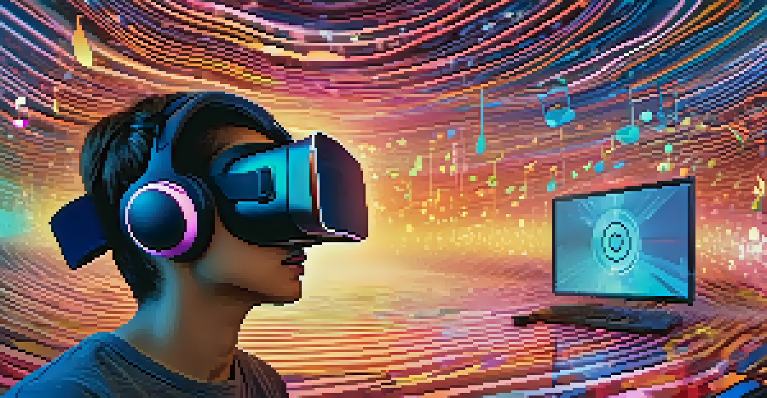 A person in a virtual reality environment enjoying personalized music with abstract sound waves and colorful patterns around.