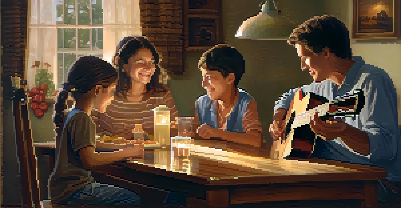 A family gathering with members sharing stories and traditional music around a wooden table, creating a warm and intimate atmosphere.