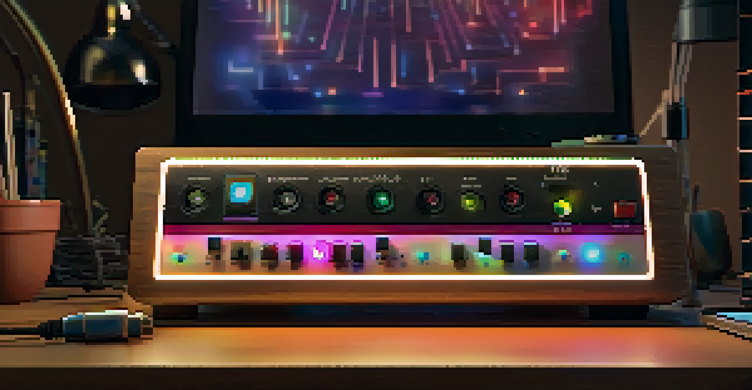 An audio interface with colorful LED lights on a modern desk, surrounded by cables and a laptop in warm ambient light.
