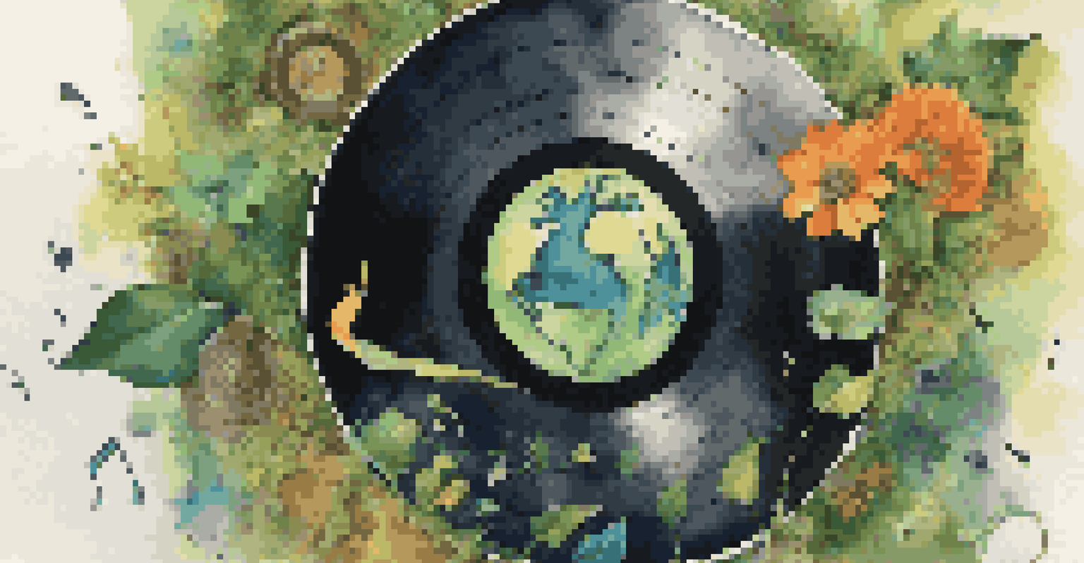 A colorful vinyl record featuring the Earth at its center, surrounded by musical notes and symbols of nature.