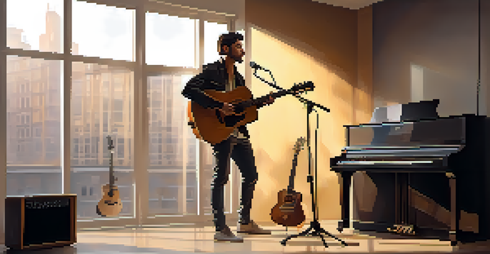 A confident musician in a modern studio holding an acoustic guitar, with warm golden lighting and a stylish outfit.
